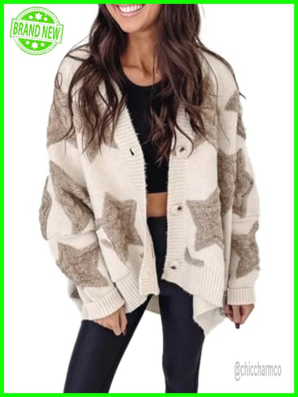 Star Sherpa Textured Knit Open Front Cardigan Loose Fit Oversized